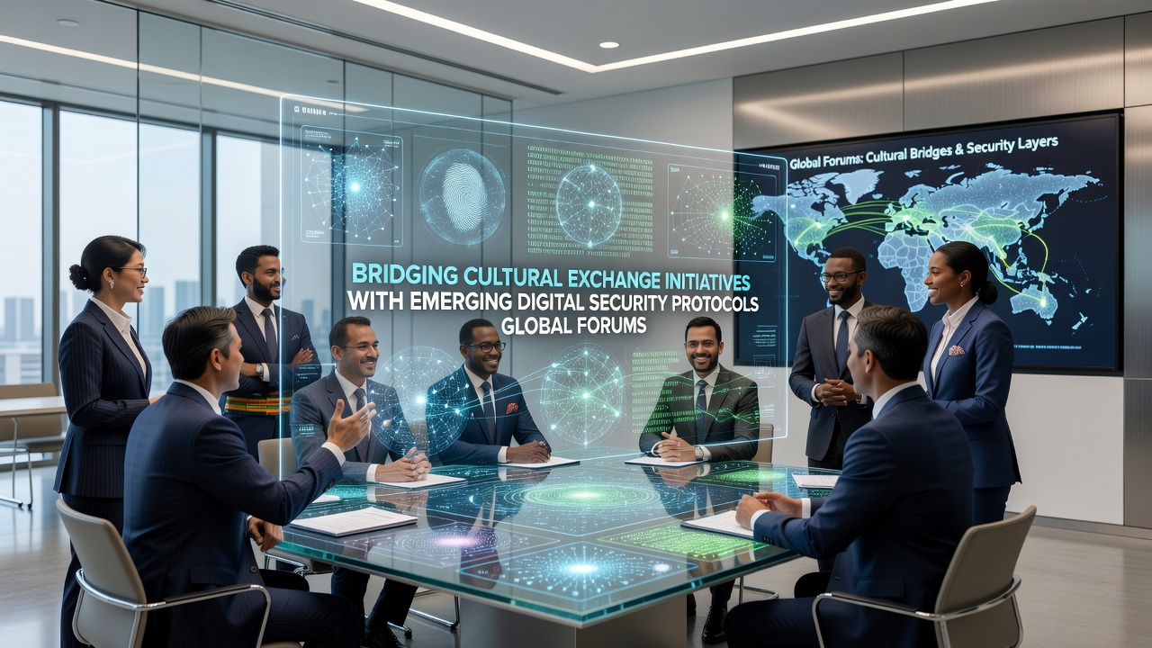 Participants engaging with secure digital interfaces during a cultural exchange session at an international conference